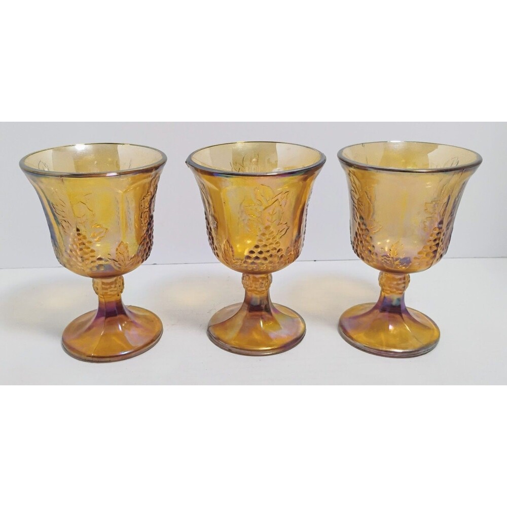 VINTAGE 70’S INDIANA CARNIVAL GLASS MARIGOLD HARVEST GRAPE 5 ¼” GOBLETS SET OF 3 - Picture 2 of 7